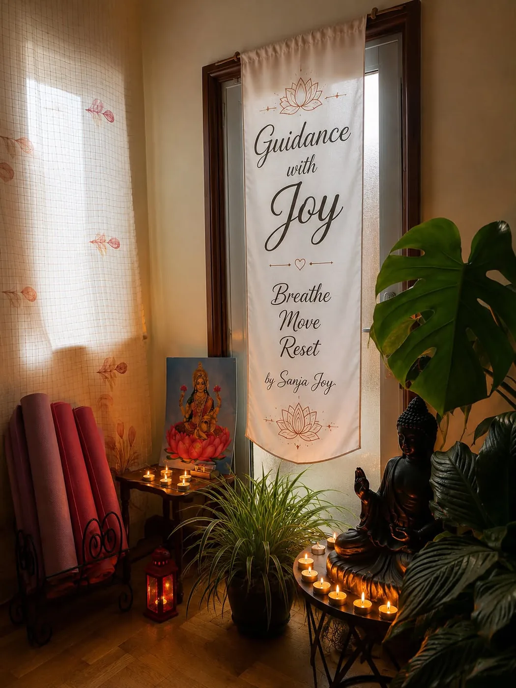 A candlelit corner of the workshop space with a Guidance with Joy Breathe Move Reset banner, a Buddha statue and plants