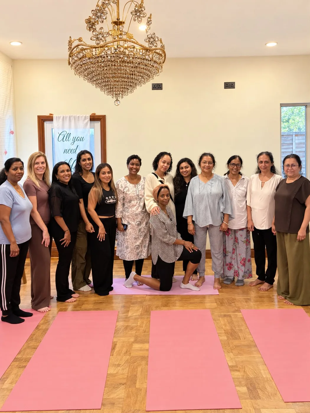A group of thirteen women smiling together after a Guidance with Joy workshop in Wanstead, East London, gathered beneath a crystal chandelier