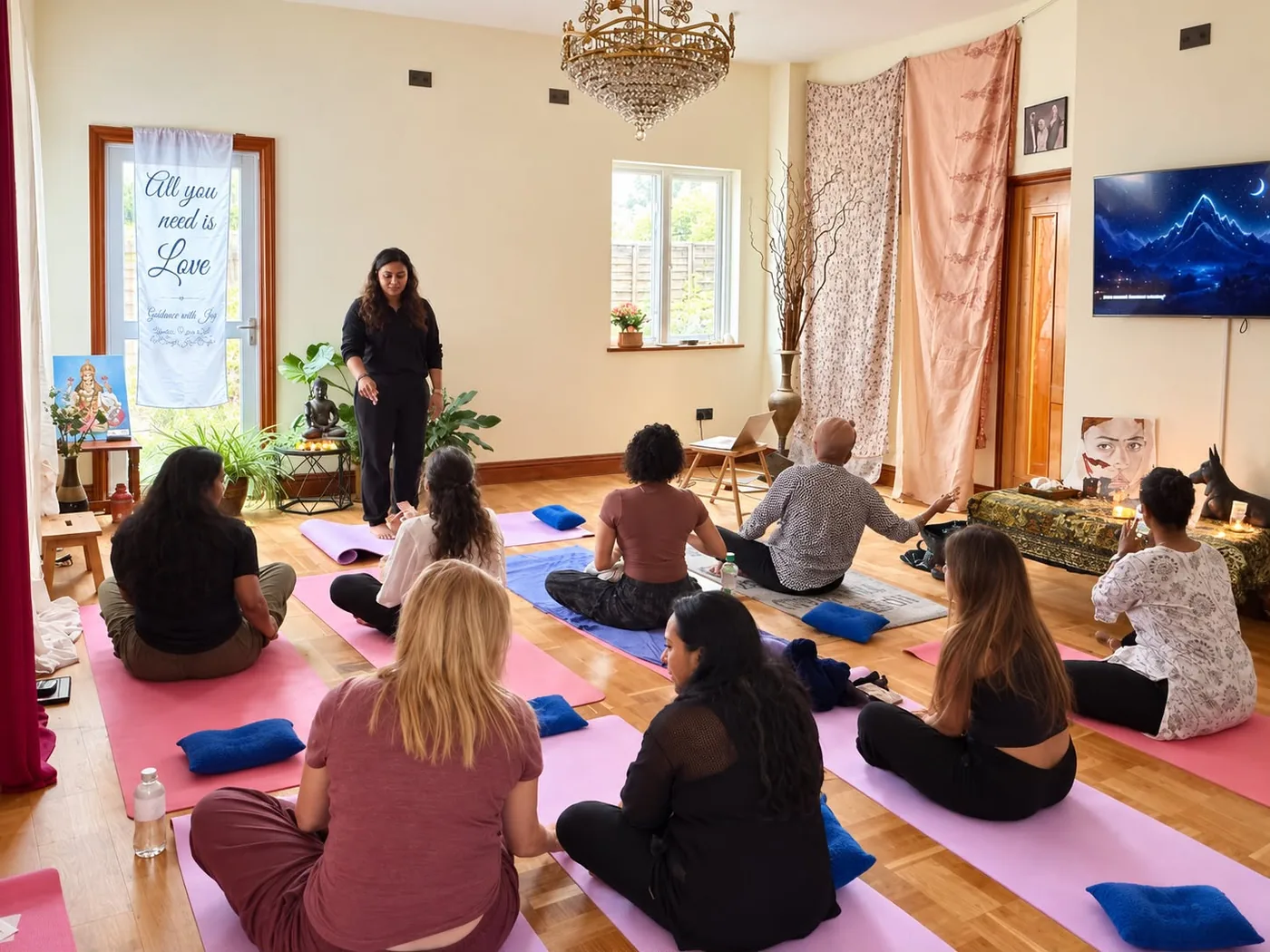 Sanja Joy guiding the group through a grounding exercise beneath a chandelier at a Guidance with Joy workshop