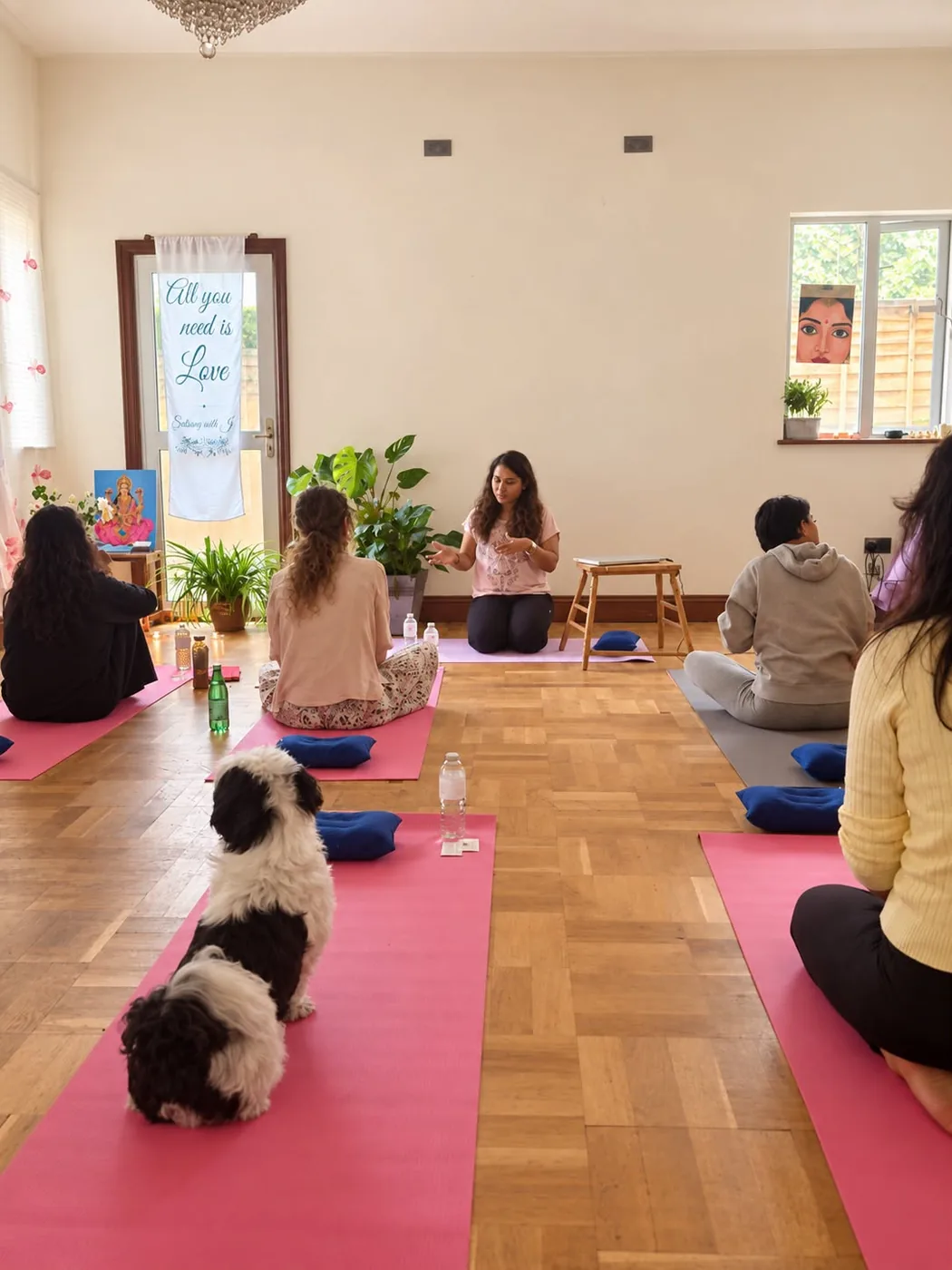 Workshop attendees seated on floor mats for a guided session, with a small dog joining the group
